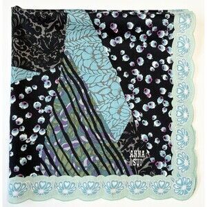 Anna Sui Scarf Black & Blue Floral Quilt Pattern w/ Blue Floral Scalloped Edge